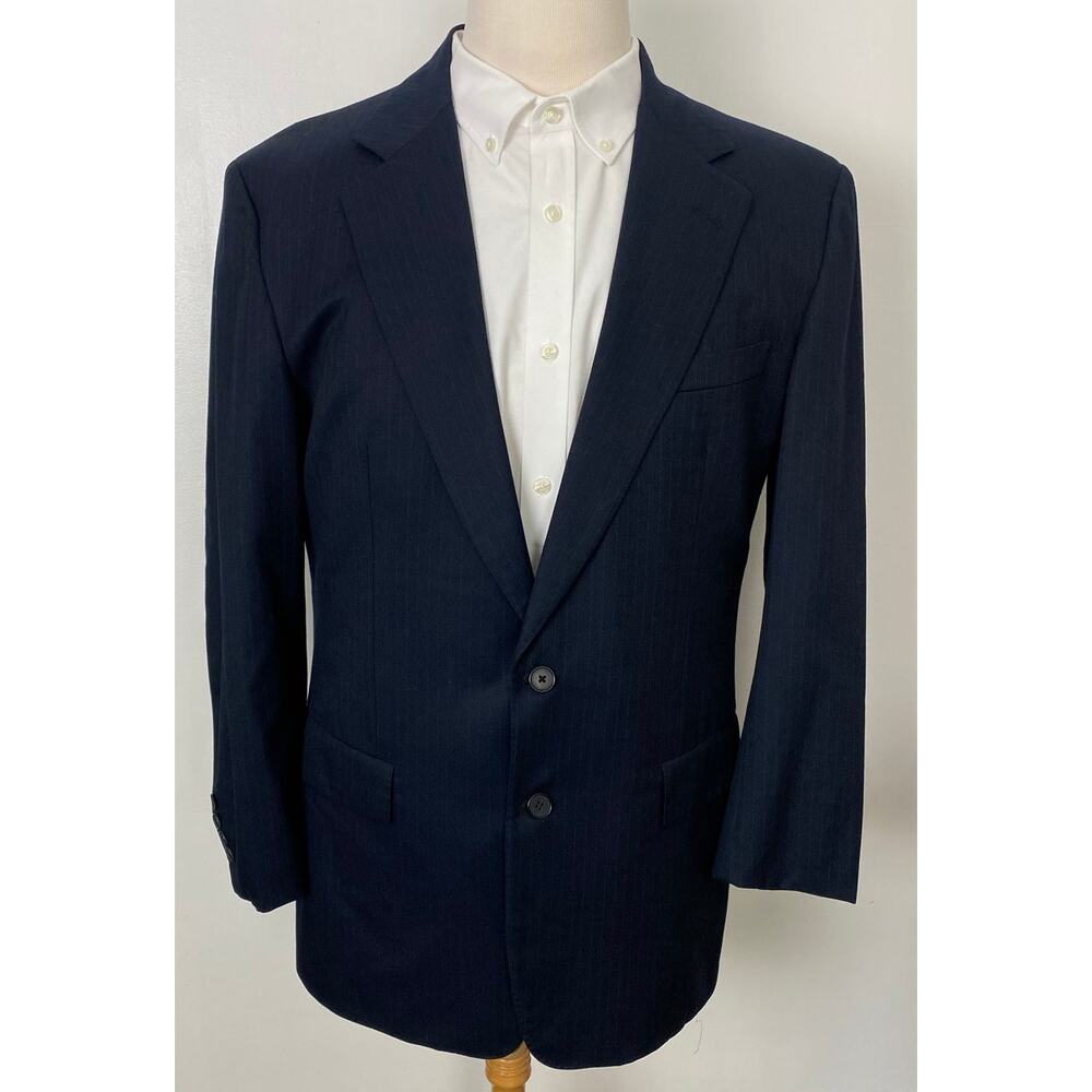 Men Chester Barrie England navy blue pin-stripe wool 2-button blazer sport coat